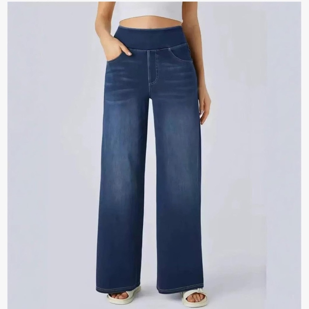 Halara Flex High Waisted Pockets Baggy Wide Leg Washed Casual Jeans